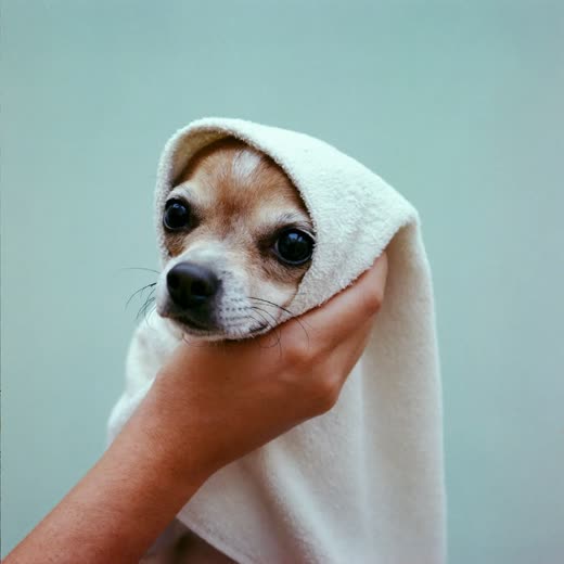 A small dog being towel-dried after a bath
